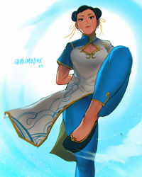Rule 34 | 1girl, absurdres, alt text, arms behind back, black footwear, black hair, blue eyes, blue pants, blue sky, breasts, capcom, china dress, chinese clothes, chun-li, cleavage, cleavage cutout, clothing cutout, commentary, dress, dust cloud, earrings, english commentary, flats, hair ribbon, highres, jewelry, large breasts, legs, looking at viewer, pants, pelvic curtain, quasimodox, ribbon, short hair, sky, smug, solo, standing, standing on one leg, street fighter, street fighter 6, thick thighs, thighs, tight clothes, tight pants, white dress, yellow ribbon