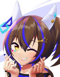 Rule 34 | 1girl, animal ears, ao komhur, bare shoulders, blue hair, blue nails, blue shirt, blush, brown hair, colored inner hair, commentary request, daitaku helios (umamusume), double finger heart, ear covers, ear piercing, facial tattoo, fang, finger heart, grin, hair between eyes, hair ornament, highres, horse ears, horse girl, medium hair, multicolored hair, one eye closed, piercing, portrait, shirt, side ponytail, simple background, smile, solo, star (symbol), star hair ornament, streaked hair, tattoo, umamusume, white background