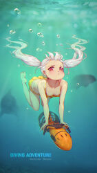 Rule 34 | 1girl, air bubble, animal, bare shoulders, barefoot, bigxixi, bikini, blurry, blush, breasts, bubble, collarbone, depth of field, dive scooter, diving, dolphin, floating hair, freediving, highres, holding, holding breath, looking at viewer, original, pout, puffy cheeks, red eyes, sidelocks, silhouette, small breasts, solo, swimming, swimsuit, twintails, underwater, white hair, yellow bikini