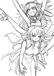 Rule 34 | 2girls, :d, absurdres, alternate costume, arms up, bare arms, bare shoulders, blush, breasts, china dress, chinese clothes, danganronpa (series), danganronpa 2: goodbye despair, dress, greyscale, hair horns, happy, high heels, highres, large breasts, leg up, long hair, looking at viewer, messy hair, mioda ibuki, mole, mole under eye, monochrome, multiple girls, open mouth, shoes, smile, teeth, tsumiki mikan, upper teeth only, youko-shima