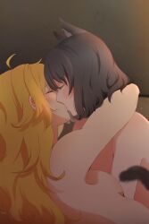 Rule 34 | 2girls, animal ears, arm around neck, black hair, blake belladonna, blonde hair, blush, breasts, cat ears, cat girl, cat tail, chinese commentary, closed eyes, commentary request, highres, kiss, light particles, medium breasts, medium hair, multiple girls, nude, risai, rwby, tail, upper body, yang xiao long, yuri