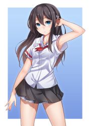 Rule 34 | 1girl, arm up, armpits, black hair, blouse, blue background, blue eyes, blush, collared shirt, contrapposto, cross hair ornament, hair between eyes, hair ornament, long hair, looking at viewer, original, outside border, pleated skirt, ray-akila, ray littlechamber, shirt, short sleeves, simple background, skirt, solo, standing, white shirt