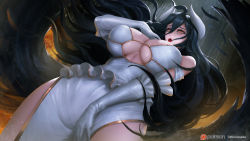 Rule 34 | 1girl, :o, albedo (overlord), artist name, bare shoulders, black feathers, black hair, black wings, breasts, cleavage, cowboy shot, demon girl, demon horns, dress, elbow gloves, eyelashes, feathered wings, feathers, floating hair, from below, gloves, horns, large breasts, long bangs, long hair, looking at viewer, looking down, low wings, open mouth, overlord (maruyama), shiny skin, sleeveless, slit pupils, solo, standing, thighs, turewindwalker, underboob, white dress, white gloves, white horns, wind, wings, yellow eyes