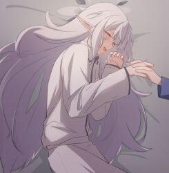 Rule 34 | 1girl, 1other, bed sheet, blue archive, blush, closed eyes, gradient hair, grey hair, halo, highres, himari (blue archive), holding hands, long hair, long sleeves, lying, multicolored hair, on bed, on side, open mouth, pajamas, pointy ears, purple hair, riya (01214), sensei (blue archive), sidelocks, very long hair