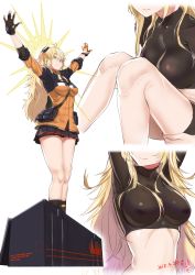 Rule 34 | 1girl, 3:, arms up, artist name, artist request, between breasts, bike shorts, black legwear, blonde hair, breasts, collage, crop top, dark souls (series), dark souls i, dated, girls&#039; frontline, gloves, green eyes, highres, impossible clothes, impossible shirt, long hair, medium breasts, miniskirt, multiple views, o/, outstretched arms, outstretched hand, pleated skirt, praise the sun, s.a.t.8 (girls&#039; frontline), shirt, skirt, smile, socks, standing, strap between breasts