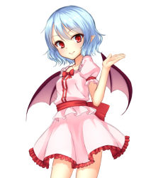 Rule 34 | 1girl, bat wings, blue hair, bow, frilled skirt, frills, junior27016, looking at viewer, miniskirt, no headwear, no headwear, pointy ears, puffy sleeves, red eyes, remilia scarlet, ribbon, sash, shirt, short hair, short sleeves, simple background, skirt, skirt set, smile, solo, touhou, white background, wings