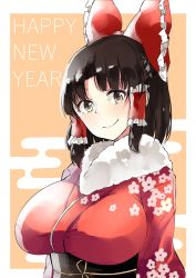 Rule 34 | 1girl, bad id, bad twitter id, breasts, brown hair, commentary request, deetamu, english text, eyebrows hidden by hair, floral print, fur trim, grey eyes, hair ribbon, hair tubes, hakurei reimu, happy new year, head tilt, highres, japanese clothes, kimono, large breasts, looking at viewer, new year, ribbon, sash, short hair, smile, solo, touhou, upper body