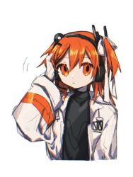 Rule 34 | 1girl, a.i. voice, adachi rei, black shirt, closed mouth, commentary, cropped torso, expressionless, gloves, hair ribbon, hand up, headlamp, headset, jacket, kizuna ne0, looking at viewer, one side up, open clothes, open jacket, orange eyes, orange hair, radio antenna, ribbon, scratching head, shirt, simple background, solo, turtleneck, upper body, utau, white background, white gloves, white jacket, white ribbon