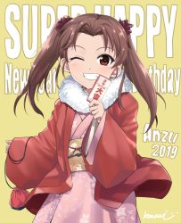 Rule 34 | 1girl, artist name, blush, brown eyes, brown hair, commentary, english text, floral print, fur scarf, girls und panzer, grin, hair ornament, happy new year, highres, holding, jacket, japanese clothes, kadotani anzu, kasai shin, kimono, light blush, long hair, long sleeves, looking at viewer, new year, obi, omikuji, one eye closed, parted bangs, pink kimono, pouch, print kimono, red jacket, sash, signature, simple background, smile, solo, standing, translated, twintails, wide sleeves, yellow background
