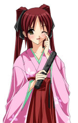 Rule 34 | 00s, 1girl, brown eyes, brown hair, holding, japanese clothes, kimono, kousaka tamaki, looking at viewer, one eye closed, rubbing eyes, scroll, simple background, smile, solo, standing, tears, to heart (series), to heart 2, white background