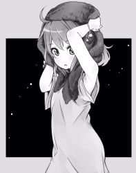 Rule 34 | 10s, 1girl, alternate costume, armpits, arms up, drying, drying hair, greyscale, kantai collection, looking at viewer, monochrome, open mouth, sazanami (kancolle), scarf, soborou, solo, towel