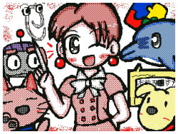 Rule 34 | 1girl, ;d, blue collar, blush, border, bow, bowtie, breasts, cat, censored, censored text, clippy, collar, creature, dithering, dog, dolphin, earrings, f1 (office assistant), facing viewer, floating, hand on own hip, japanese text, jewelry, kairu the dolphin, kidi (kidisann), limited palette, links (office assistant), looking at viewer, lowres, microsoft, microsoft office, notice lines, office assistant, office logo (office assistant), one eye closed, open mouth, paperclip, pixel art, red collar, red earrings, robot, rocky (office assistant), saeko sensei (office assistant), secretary, shirt, short hair, short sleeves, simple background, skirt, skirt set, small breasts, smile, speech bubble, sphere earrings, standing, translated, upper body, white background, white border, white neckwear, wink