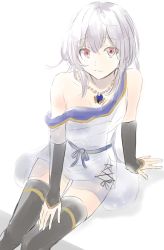 Rule 34 | 1girl, breasts, dress, feet out of frame, fingerless gloves, gloves, grey hair, highres, jewelry, ka1se1, long hair, medium breasts, necklace, original, red eyes, shadow, simple background, sitting, sketch, smile, thighhighs