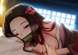 Rule 34 | 1girl, 1other, backlighting, bamboo, bit gag, black hair, blurry, blurry background, breasts, forehead, gag, gagged, ginhaha, hair ribbon, half-closed eyes, highres, holding hands, japanese clothes, kamado nezuko, kimetsu no yaiba, kimono, long hair, looking at viewer, lying, mouth hold, multicolored hair, nipples, off shoulder, on stomach, pink eyes, purple eyes, red ribbon, ribbon, sidelocks, very long hair