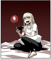 Rule 34 | 1girl, barefoot, black pants, blonde hair, braid, bright pupils, cellphone, d:, french braid, gogalking, grey hair, highres, holding, holding phone, junior (gogalking), on bed, open mouth, original, pants, phone, pillow, playing games, shirt, short sleeves, sitting, smartphone, solo, sweat, white pupils, white shirt, wide-eyed, yellow eyes