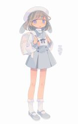 Rule 34 | 1girl, :p, absurdres, animal ears, backpack, bag, blue footwear, carrot, daizu (melon-lemon), expressionless, frills, from side, full body, grey background, hat, highres, long sleeves, looking at viewer, mary janes, original, pleated skirt, rabbit ears, sailor collar, shoes, short hair, simple background, skirt, socks, solo, standing, tongue, tongue out, turtleneck, white background, white socks