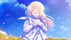 Rule 34 | 1girl, :d, ^ ^, blonde hair, blue sky, closed eyes, cloud, colette brunel, commentary request, day, facing viewer, floating hair, highres, ittokyu, jacket, long hair, long sleeves, open mouth, outdoors, own hands together, signature, sky, smile, solo, tales of (series), tales of symphonia, upper body, white jacket