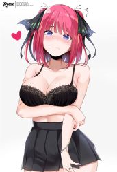 Rule 34 | 1girl, black skirt, blue eyes, blunt bangs, blush, bra, bracelet, breasts, casual, cleavage, closed mouth, collarbone, go-toubun no hanayome, hair ornament, hair ribbon, heart, highres, jewelry, lace, lace bra, large breasts, looking at viewer, nail polish, nakano nino, pink hair, pleated skirt, purple nails, reeze (reezely), ribbon, ring, short hair, skirt, solo, sweatdrop, underwear