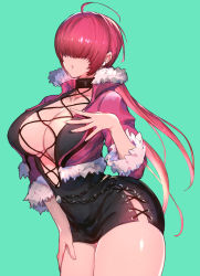Rule 34 | 1girl, breasts, cleavage, cleavage cutout, clothing cutout, cropped jacket, earrings, green background, hair over eyes, hand on own thigh, highres, jewelry, large breasts, leotard, lipstick, long hair, makeup, miniskirt, oro (sumakaita), ponytail, red hair, shermie (kof), simple background, skirt, solo, the king of fighters, the king of fighters xv, thighs, twintails