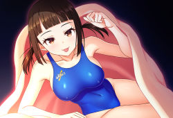 Rule 34 | 1girl, asics, blanket, blue one-piece swimsuit, blunt bangs, breasts, brown eyes, brown hair, commentary request, commission, competition swimsuit, covered erect nipples, covered navel, kuri (kurigohan), large breasts, long hair, lying, on side, one-piece swimsuit, original, pixiv commission, pov, solo, swimsuit, tongue, tongue out, under covers