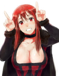 Rule 34 | 10s, 1girl, breasts, choker, cleavage, fur trim, grin, head tilt, horns pose, large breasts, long hair, looking at viewer, maou (maoyuu), maoyuu maou yuusha, nathaniel pennel, pennel, red eyes, red hair, smile, solo, upper body