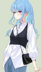 Rule 34 | 1girl, absurdres, bag, black vest, blue eyes, blue hair, closed mouth, earrings, hair between eyes, highres, hololive, hoshimachi suisei, jewelry, long hair, long sleeves, looking at viewer, puffy long sleeves, puffy sleeves, shirt, shoulder bag, simple background, solo, star (symbol), star earrings, tagosaku (tatsukiuma0329), vest, virtual youtuber, white shirt