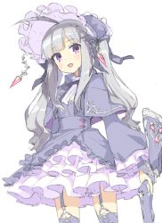 Rule 34 | 1girl, :d, blunt bangs, blush, breasts, bridal gauntlets, capelet, copyright request, dress, garter straps, grey hair, gun, hat, holding, holding gun, holding weapon, long hair, long sleeves, looking at viewer, open mouth, purple capelet, purple dress, purple eyes, purple hat, purple thighhighs, rifle, sidelocks, simple background, small breasts, smile, solo, tekka maki (wafuu-bune), thighhighs, twintails, very long hair, weapon, white background, wide sleeves