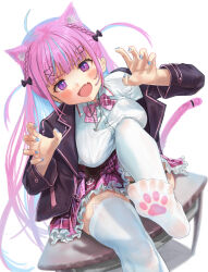 Rule 34 | 1girl, absurdres, ahoge, anchor hair ornament, anchor necklace, anchor symbol, animal ear legwear, animal ears, blue hair, blue nails, blush, bow, bowtie, breasts, cardigan, cat ear legwear, cat ears, cat girl, cat hair ornament, cat tail, claw pose, colored inner hair, desk, dyed ahoge, frilled sailor collar, frills, hair ornament, highres, hololive, jewelry, jing (0155498), large breasts, long hair, long sleeves, looking at viewer, minato aqua, minato aqua (school uniform), multicolored hair, necklace, official alternate costume, on desk, open mouth, pink bow, pink bowtie, pink cardigan, pink hair, pink skirt, plaid, plaid bow, plaid bowtie, plaid skirt, purple eyes, purple hair, sailor collar, shirt, sitting, skirt, smile, solo, streaked hair, tail, two-tone hair, two side up, virtual youtuber, white shirt, x hair ornament