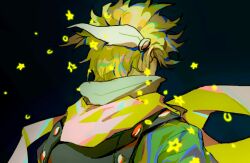 Rule 34 | 1boy, battle tendency, blonde hair, caesar anthonio zeppeli, feather hair ornament, feathers, from behind, green jacket, hair ornament, highres, jacket, jojo no kimyou na bouken, male focus, neon trim, pink scarf, scarf, solo, star (symbol), star print, suzuri513