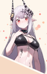 Rule 34 | 1girl, absurdres, arknights, beudelb, bikini, black bikini, black collar, blonde hair, blurry, blush, bokeh, breasts, collar, demon horns, depth of field, flower, frown, grey hair, hair flower, hair ornament, hand on own chest, highres, horns, infection monitor (arknights), large breasts, long hair, looking at viewer, material growth, mudrock (arknights), mudrock (silent night) (arknights), official alternate costume, oripathy lesion (arknights), pointy ears, red eyes, red flower, sidelocks, solo, swimsuit, upper body, very long hair, yellow background