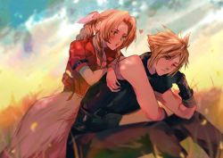 Rule 34 | 1boy, 1girl, aerith gainsborough, armor, bandaged arm, bandages, bangle, bare shoulders, belt, blonde hair, blue eyes, blurry, blurry foreground, blush, bracelet, braid, braided ponytail, breasts, choker, cleavage, cloud, cloud strife, cloudy sky, cropped jacket, dress, feet out of frame, final fantasy, final fantasy vii, final fantasy vii remake, gloves, grass, green eyes, hair between eyes, hair ribbon, head on hand, heart, jacket, jewelry, leaning forward, leaning on person, long dress, long hair, looking at another, one eye closed, outdoors, pants, parted bangs, pink dress, pink ribbon, puckered lips, red jacket, ribbon, sera (serappi), short hair, short sleeves, shoulder armor, sidelocks, sitting, sky, sleeveless, sleeveless turtleneck, spiked hair, turtleneck