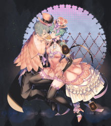 Rule 34 | 1boy, 1girl, alternate costume, black thighhighs, breasts, chest jewel, covered navel, cupcake, dress, food, full body, glasses, gloves, green hair, grey hair, hat, high heels, highres, medium breasts, mini hat, mini top hat, natto soup, pandoria (xenoblade), pink dress, pink footwear, pink gloves, pink heels, round eyewear, strappy heels, thighhighs, top hat, turters (xenoblade), xenoblade chronicles (series), xenoblade chronicles 2, zeke von genbu (xenoblade)