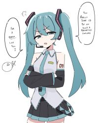 Rule 34 | 1girl, absurdres, anger vein, angry, aqua hair, aqua necktie, bare shoulders, black skirt, black sleeves, breasts, collared shirt, cowboy shot, crossed arms, detached sleeves, disgust, english text, green eyes, hair between eyes, hatsune miku, headphones, headset, highres, long hair, looking at viewer, microphone, narrowed eyes, necktie, number tattoo, open mouth, osa guitar, pleated skirt, puff of air, shirt, simple background, skirt, sleeveless, sleeveless shirt, small breasts, solo, speech bubble, spoken anger vein, tattoo, tsundere, twintails, v-shaped eyebrows, very long hair, vocaloid, white background, white shirt