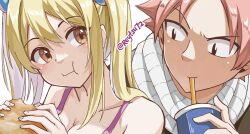 Rule 34 | 1boy, 1girl, artist name, bare shoulders, black jacket, blonde hair, breasts, brown eyes, burger, cleavage, collarbone, cup, disposable cup, drinking straw, eating, fairy tail, food, holding, holding burger, holding food, jacket, large breasts, long hair, looking at another, lucy heartfilia, natsu dragneel, pink hair, pink shirt, reytsu, scarf, shirt, short hair, simple background, twitter username, upper body, white background, white scarf