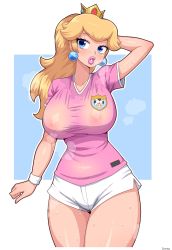 Rule 34 | 1girl, blonde hair, blue eyes, blush, breasts, crown, earrings, highres, jewelry, large breasts, mario (series), mario strikers: battle league, nintendo, nipples, ponytail, princess peach, see-through, shiny skin, shorts, simmsy, sweat, thick lips, thick thighs, thighs