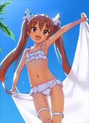 Rule 34 | 1girl, armpits, bad id, bad twitter id, bare shoulders, bikini, blue sky, blush, bow, brown eyes, brown hair, collarbone, commentary request, dark-skinned female, dark skin, day, fang, frilled bikini, frills, gluteal fold, hair between eyes, hair bow, hair ornament, hair ribbon, highres, holding, holding towel, kantai collection, kawakami rokkaku, libeccio (kancolle), long hair, looking at viewer, navel, open mouth, outdoors, polka dot, polka dot bow, ribbon, sky, smile, solo, standing, stomach, swimsuit, tan, thigh strap, towel, tree, twintails, very long hair