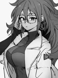 Rule 34 | 1girl, android 21, breasts, checkered clothes, checkered dress, dragon ball, dragon ball fighterz, dress, earrings, glasses, grey background, greyscale, hair between eyes, hand up, hoop earrings, jewelry, kemachiku, lab coat, large breasts, long hair, long sleeves, looking at viewer, monochrome, red ribbon army, simple background, solo