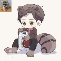 Rule 34 | 1boy, animal ears, animal feet, animal hands, animification, beer can, blush, brown hair, can, chibi, collared shirt, drink can, eames, facial hair, frown, green eyes, highres, holding, holding can, inception, jacket, long sleeves, looking down, male focus, opening can, oversized object, pants, parted bangs, raccoon boy, raccoon ears, raccoon tail, reference inset, shirt, short hair, sitting, tail, ying zui yu weiba de shengzhang