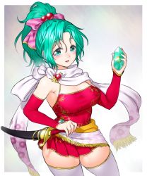 Rule 34 | 1990s (style), 1girl, blush, breasts, cape, cleavage, detached sleeves, female focus, final fantasy, final fantasy vi, gradient background, green hair, jewelry, large breasts, long hair, magicite, miniskirt, onsoku inu, pleated skirt, ponytail, retro artstyle, scarf, sheath, side slit, skirt, solo, sword, thighhighs, thighs, tina branford, weapon, white thighhighs, zettai ryouiki