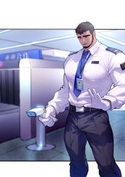 Rule 34 | 1boy, airport, alternate costume, baimeme, bara, beard, belt, black belt, blue pants, brown eyes, brown hair, bulge, dungeon and fighter, facial hair, feet out of frame, gloves, highres, large pectorals, long sleeves, male focus, male priest (dungeon and fighter), mature male, muscular, muscular male, necktie, pants, pectorals, pilot suit, shirt, short hair, solo, thick eyebrows, thighs, white gloves, white shirt