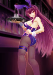 Rule 34 | 1girl, animal ears, ass, bare shoulders, breasts, fake animal ears, fate/grand order, fate (series), junhoka, large breasts, leotard, long hair, looking at viewer, pantyhose, playboy bunny, purple hair, rabbit ears, red eyes, scathach (fate), shiny skin, sideboob, solo, very long hair, wrist cuffs