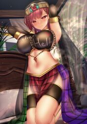 Rule 34 | 1girl, adapted costume, bare shoulders, black gloves, breasts, closed mouth, clothes writing, dancer, earrings, gloves, harem outfit, hat, hecatia lapislazuli, highres, indoors, jewelry, large breasts, long hair, looking at viewer, multicolored clothes, multicolored skirt, navel, red eyes, red hair, see-through, see-through skirt, shirt, shounen (hogehoge), skirt, smile, solo, touhou