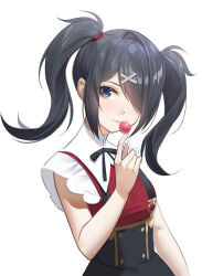Rule 34 | 1girl, ame-chan (needy girl overdose), black hair, black ribbon, black skirt, blue eyes, blush, candy, closed mouth, collared shirt, commentary, english commentary, food, hair ornament, hair over one eye, hair tie, hairpin, hand up, heart, highres, lollipop, long hair, looking at viewer, neck ribbon, needy girl overdose, one eye covered, pale skin, red shirt, ribbon, shirt, short hair, short sleeves, simple background, skirt, solo, suspender skirt, suspenders, twintails, white background, x hair ornament, yaxiya
