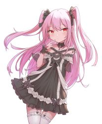 Rule 34 | 1girl, absurdres, arm behind back, bare shoulders, black bow, black dress, bow, closed mouth, collarbone, cowboy shot, detached collar, dress, finger to cheek, frills, gothic lolita, hair bow, hand up, highres, hololive, hololive fantasy, lolita fashion, long hair, looking at viewer, off-shoulder dress, off shoulder, purple hair, quarterlift, red eyes, short sleeves, sidelocks, solo, standing, thigh strap, thighhighs, thighs, two side up, uruha rushia, uruha rushia (3rd costume), virtual youtuber, white background, white thighhighs, wrist cuffs
