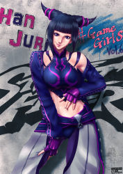 Rule 34 | 1girl, absurdres, alternate costume, black hair, character name, drill hair, graffiti, han juri, highres, jacket, jacket on shoulders, looking at viewer, midriff, mugetsu2501, navel, purple eyes, smile, solo, stomach, street fighter, street fighter v, tongue, tongue out, twin drills, wall