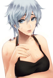 Rule 34 | 1girl, bad id, bad pixiv id, bare shoulders, bleach, breast hold, breasts, cleavage, kotetsu isane, lips, parted lips, short hair, short hair with long locks, grey eyes, silver hair, simple background, solo, wet, white background, yukin (es)