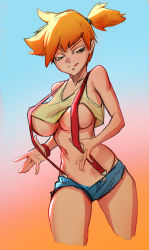 Rule 34 | 1girl, alternate breast size, breasts, creatures (company), denim, denim shorts, game freak, green eyes, large breasts, legs, midriff, misty (pokemon), naughty face, navel, nintendo, orange hair, pokemon, pokemon (anime), pokemon (classic anime), shorts, side ponytail, smile, solo, suspenders, suspenders pull, teasing, thighs, tongue, tongue out, underboob