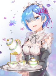 Rule 34 | 10s, 1girl, apron, black ribbon, blue eyes, blue hair, breasts, cleavage, corset, cup, detached sleeves, flower, frilled sleeves, frills, hair ornament, hair over one eye, hair ribbon, highres, holding, holding tray, looking at viewer, maid, maid headdress, medium breasts, open mouth, petals, pouring, purple ribbon, re:zero kara hajimeru isekai seikatsu, rem (re:zero), ribbon, ribbon-trimmed clothes, ribbon trim, short hair, smile, solo, sunhyun, tea, teacup, teapot, tray, tweezers, underbust, upper body, waist apron, white apron, x hair ornament