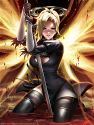 Rule 34 | 1girl, black dress, blonde hair, blue eyes, breasts, cleavage, cleavage cutout, clothing cutout, cosplay, dress, energy wings, feather-trimmed sleeves, halo, liang xing, looking at viewer, mercy (overwatch), nier (series), nier:automata, overwatch, overwatch 1, parted lips, solo, sword, thighhighs, wading, weapon, 2b (nier:automata), 2b (nier:automata) (cosplay)