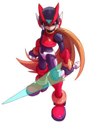 Rule 34 | 1boy, absurdres, android, armor, black eyes, blonde hair, boots, energy sword, forehead jewel, full body, helmet, highres, holding, holding sword, holding weapon, long hair, looking at viewer, male focus, mega man (series), mega man zero (series), mega man zero 1, nakayama tooru, official art, red armor, red footwear, red helmet, simple background, solo, sword, third-party source, weapon, white background, z saber, zero(z) (mega man), zero (mega man)